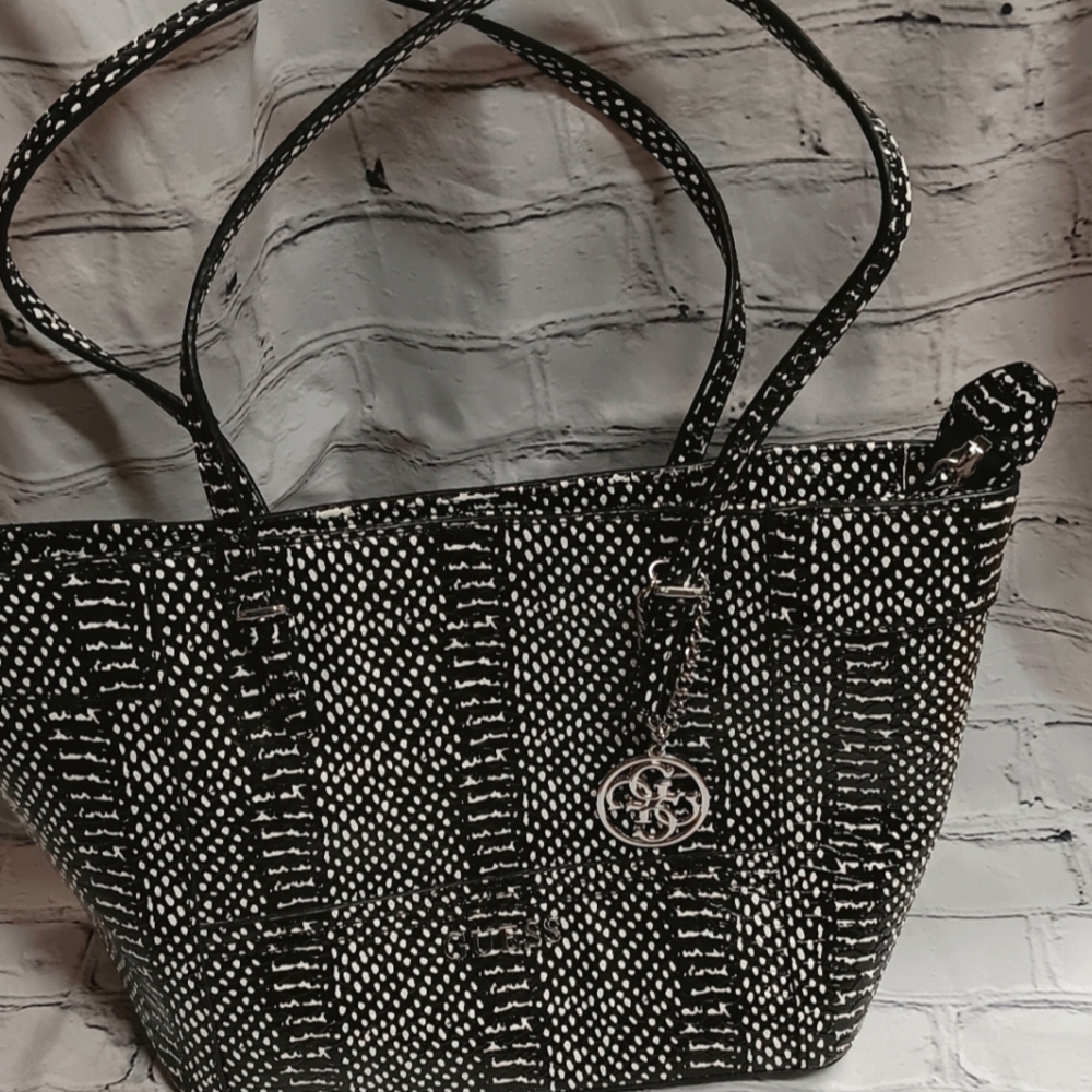 Guess Black-White Embossed Reptile Print Tote Bag